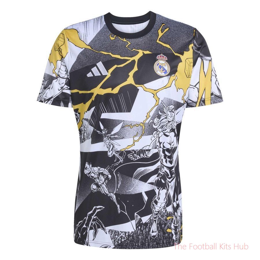 Real Madrid X Marvel Training T-Shirt Pre Match - White/Black/Bold Gold-unisoccer store